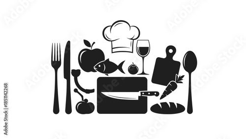 Culinary Still Life - Black and White Food and Kitchen Utensils.