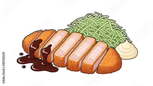 Delicious Japanese Tonkatsu with Shredded Cabbage and Sauces for a complete meal experience