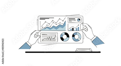 Hands examining a digital tablet displaying various business analytics charts and graphs in a clean, modern illustration.
