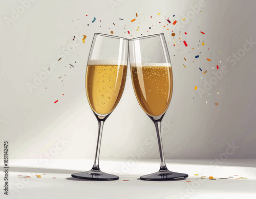 Two crystal flutes filled with bubbly golden champagne fizz with elegant bubbles to celebrate a luxury wedding anniversary or New Year party celebration isolated on a white background