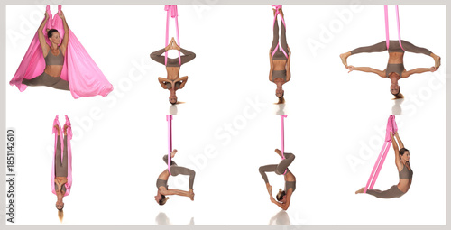 Tableau sur toile Aerial yoga poses without floor contact, suspended inversion and flexibility set
