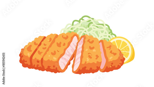 Crispy Fried Fish Fillet with Fresh Salad and Lemon Slice