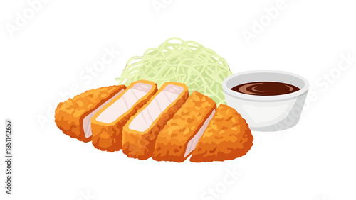 Delicious Japanese style breaded fried cutlets with dipping sauce and shredded cabbage