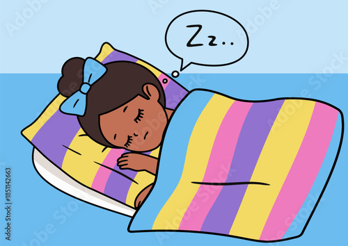 Cute little girl, african american, with a blue bow sleeping soundly in bed with a striped blanket. Rest and bedtime concept for childrens illustration.