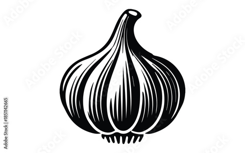 WebMinimal Garlic Bulb and Clove Silhouette Icon Set with Stem Detail, Flat Food Vector Illustration Isolated on White