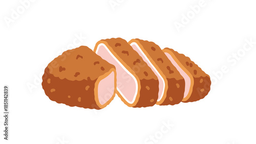 Sliced and Breaded Meat Cutlet with Crispy Coating on a White Background
