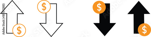 Up and down arrows with dollar symbols finance concept.