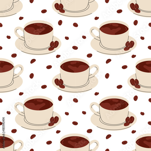 Seamless coffee pattern with espresso cups and coffee beans. For cafe branding, coffee packaging, menu design, wallpapers, textiles, wrapping paper and modern lifestyle design projects.