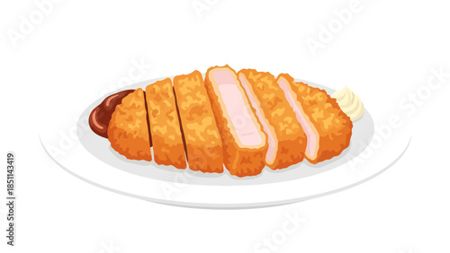 Crispy breaded chicken cutlet with creamy sauce on white plate