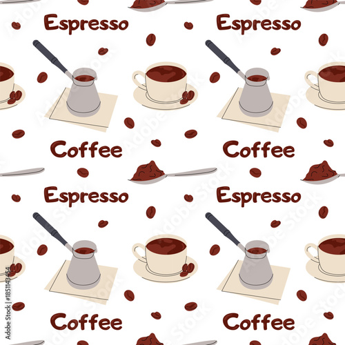 Coffee pattern with espresso cups, cezve, ground coffee on spoon and coffee beans in flat style. For cafe branding, packaging, textile, wallpaper.