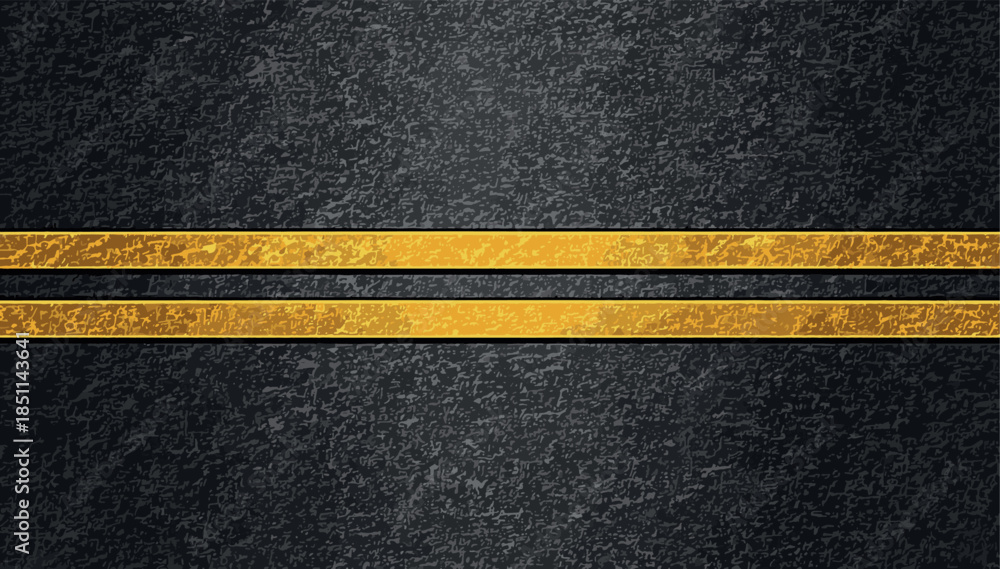 Fototapeta premium Top view asphalt road texture with double yellow center lines. Grunge style vector background representing transportation, traffic rules, safety, direction, journey and industrial urban design.