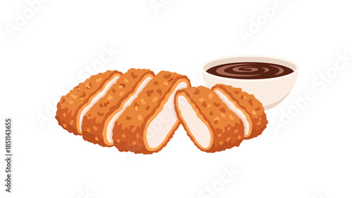 Crispy fried chicken tenders served with dipping sauce on white background