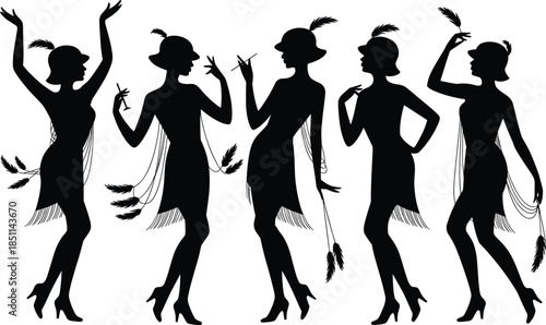 1920s flapper silhouettes of elegant women in vintage attire, ideal for retro fashion and dance-themed design projects.