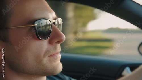 A man wearing sunglasses driving a car, a portrait of a person driving a vehicle