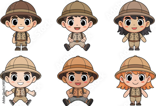 Cartoon explorer children in safari outfits with diverse appearances and poses, ideal for educational and adventure-themed design projects.