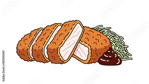 Crispy breaded chicken fillet with fresh vegetables and sauce on a plate