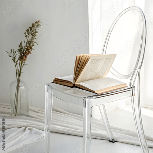 hardcover book leaning on transparent chair