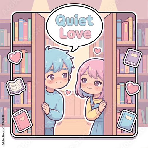 A cute pastel illustration of a boy and girl shyly peeking from behind library bookshelves