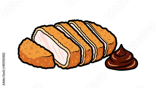 Seasoned breaded chicken cutlet with dipping sauce and mustard on a white background