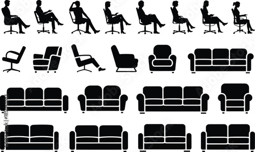 Collection of 16 Black Silhouette Icons Depicting Sitting People and Various Sofa, Chair, and Recliner Furniture Designs