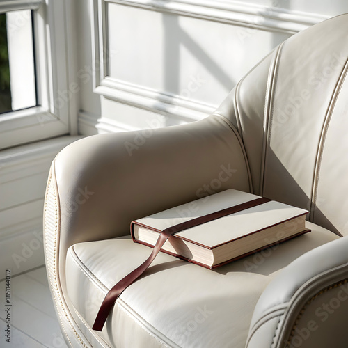 hardcover book with bookmark on leather armchair