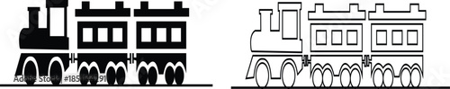 Black train icon set in flat and line style railway locomotive and freight transport silhouette collection featuring passenger and cargo rail graphic group, minimal monochrome vector illustration pack