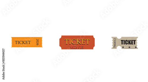 Vintage Movie Ticket Vector Set - Realistic Cinema Entry Pass Templates with Perforated Edges