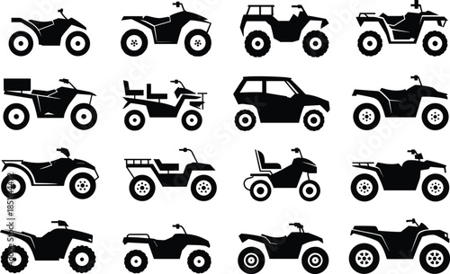 Set of 16 Black Silhouette Icons Featuring Diverse ATV and UTV Off-Road Vehicle Designs for Utility, Adventure, and Recreation Use