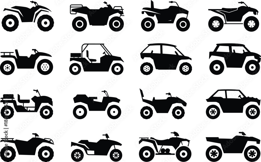 Naklejka premium Set of 16 Black Silhouette Icons Featuring Off-Road ATVs, UTVs, and Dune Buggies in Various Utility and Adventure Designs