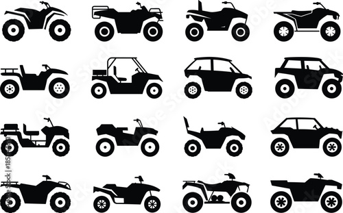 Set of 16 Black Silhouette Icons Featuring Off-Road ATVs, UTVs, and Dune Buggies in Various Utility and Adventure Designs