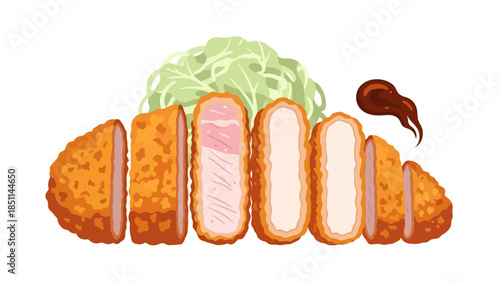 Close up of crispy breaded chicken fillets with fresh leafy greens and condiments