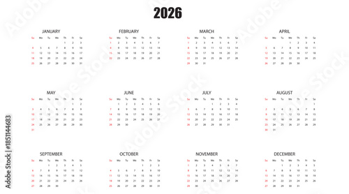 Clean Annual 2026 Calendar Planner Vector Template (Modern 12 Months Overview Layout, Stationery Design)