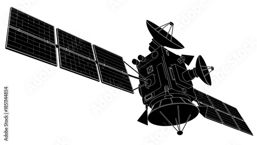 Detailed Black and White Satellite Illustration with Solar Panels.