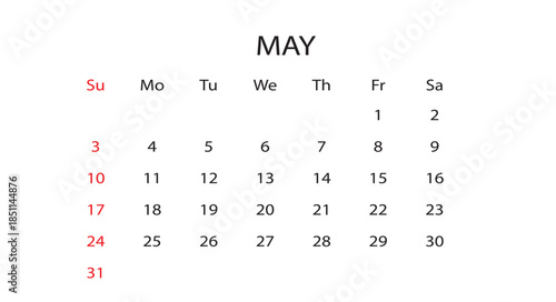 May 2026 Monthly Calendar Vector Template (Spring Planner, Clean Professional Business Schedule Layout)
