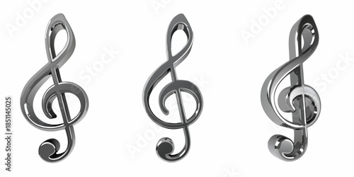 Three metallic treble clef symbols displayed against a plain white background