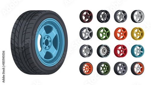 Automotive vector illustration set showcasing diverse vehicle wheel and rim designs