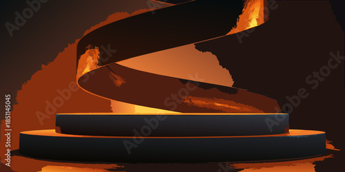 Abstract sculpture of swirling metal with fiery orange and dark tones