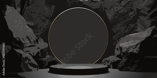 A lone oval portal stands amidst a dark rocky and mysterious landscape