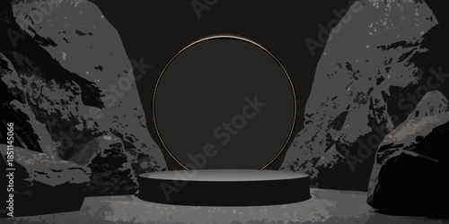 Dramatic spotlight on a blank oval frame within a rocky dark cave setting