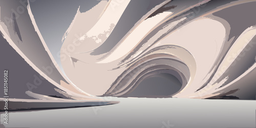 Abstract swirling forms create a cave like structure with soft lighting