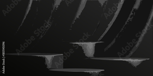 Abstract geometric forms and platforms in a dark minimalist setting