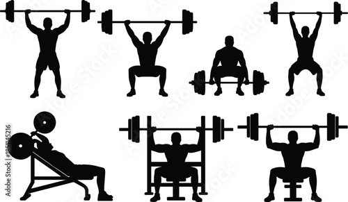 Silhouettes of barbell weightlifting exercises in dynamic poses, ideal for fitness, gym, and strength training design projects.