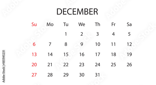 December 2026 Monthly Calendar Vector Template (Christmas Holiday Planner, Year-End Schedule Layout)