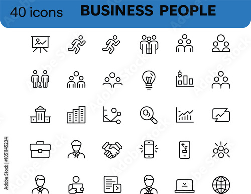 Business people line icons set featuring teamwork leadership analytics growth strategy management communication startup corporate vector illustration minimal outline collection