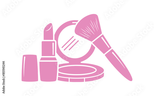 Glyph icon of makeup in vibrant colors. Cosmetic goods. Skincare for females. Lipstick and powder kit. Brushes for women. Routine and lifestyle for everyday use. Illustration in vector format.