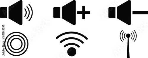 Audio volume and wireless signal icons in solid style.
