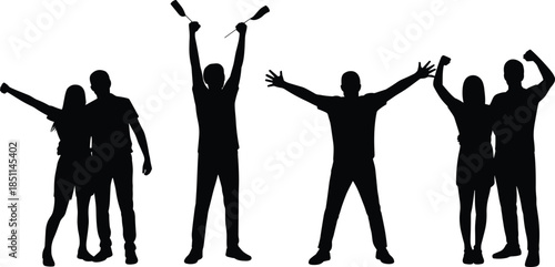 Silhouettes of celebratory figures in dynamic poses, ideal for themes of victory, teamwork, and social event design projects.