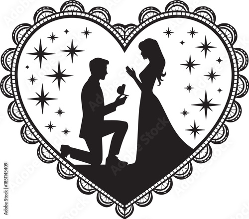 Romantic Couple Silhouette with Hearts on White Background
