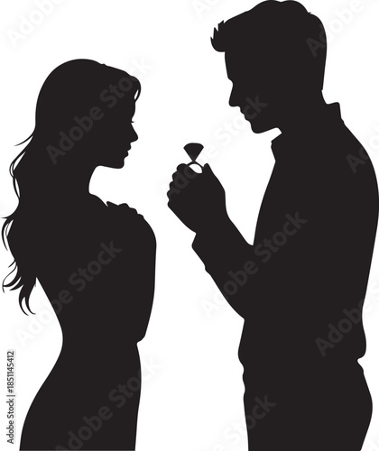 Romantic Couple Silhouette with Hearts on White Background