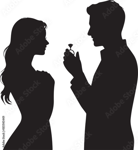 Romantic Couple Silhouette with Hearts on White Background